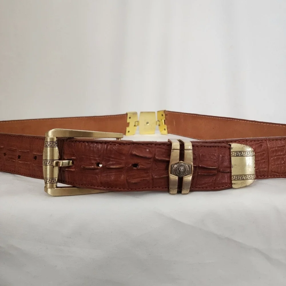 Veretta Leather Belt 42 Western Mexico Caiman Embossed Metal Hinge Lion Brown